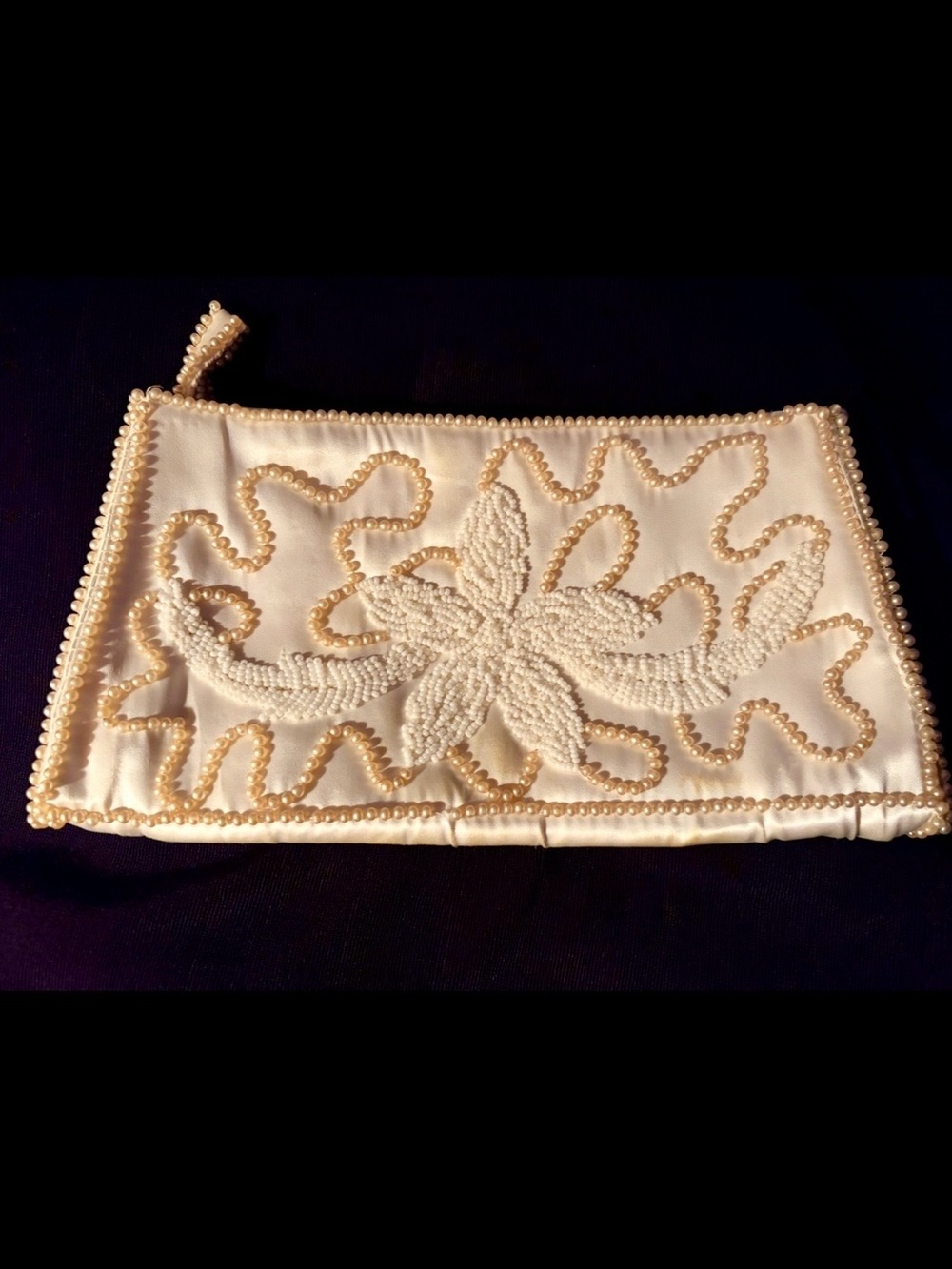Vintage Hand Pearl-Beaded Cream Satin Clutch Made in Hong Kong